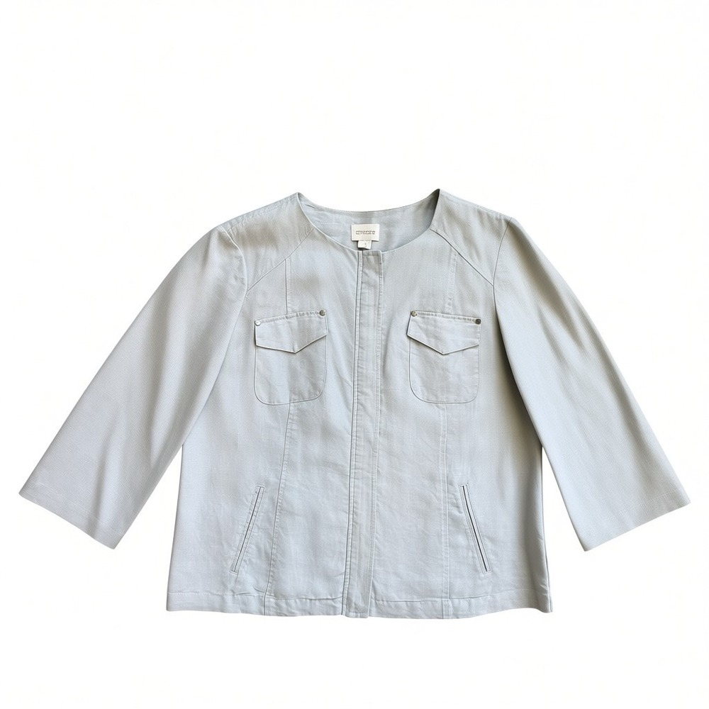 Chicos 100% Linen Jacket Light Grey Silver Collarless Snap Front Size 2 Large